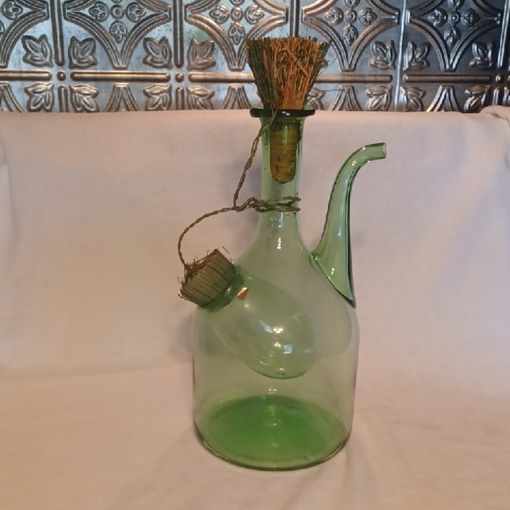 Green Glass Decanter with Rustic Accents Italy